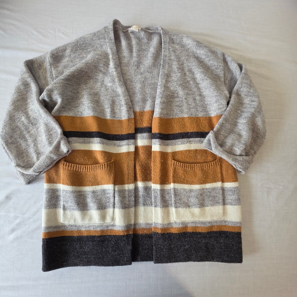 Main Strip Cardigan Open Front Striped Knit Pockets‎ M/L Grey Mustard Boho Cozy